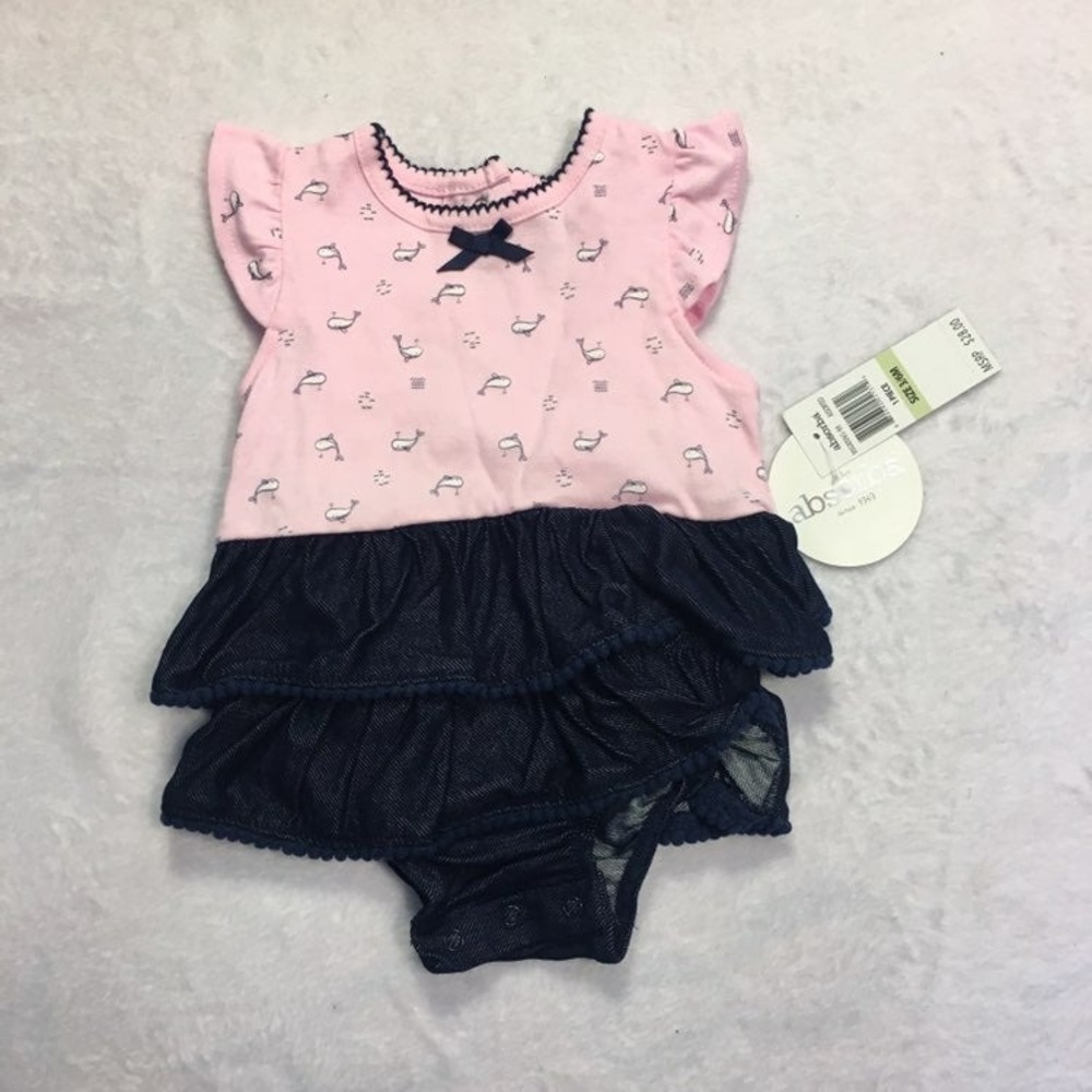 Absorba Whale Print Romper Dress Baby 3/6M Pink Navy NWT Ruffle Snap Bottom